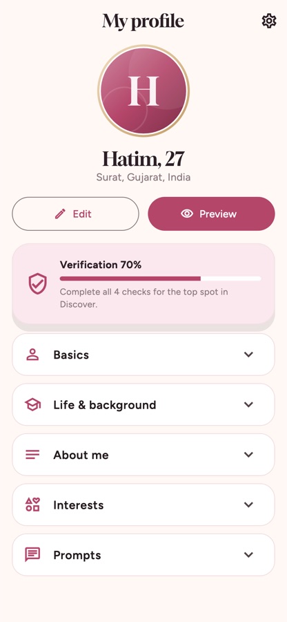 Your own profile and verification progress